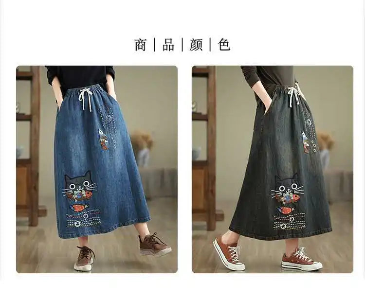 2026 Women's Denim Skirts Retro Cartoon Animal Embroidery Casual Half Skirts Spring Summer High Waist Fashion Loose Midi Skirts