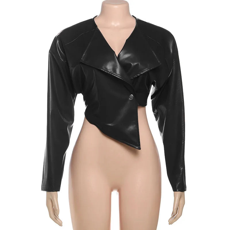 Joskaa 2025 Fall Women's PU Leather Jackets Fashion Solid Lapel Full Sleeve Slim Irregular Crop Coats Outerwear Y2K Streetwear