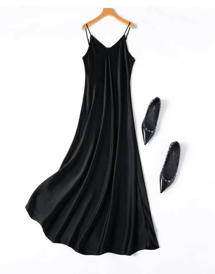 Tcyeek Woman Long Dress, 100%Real Silk, V Neck, Solid Spaghetti Strap Dresses, 2025 Elegant Chic Clothes