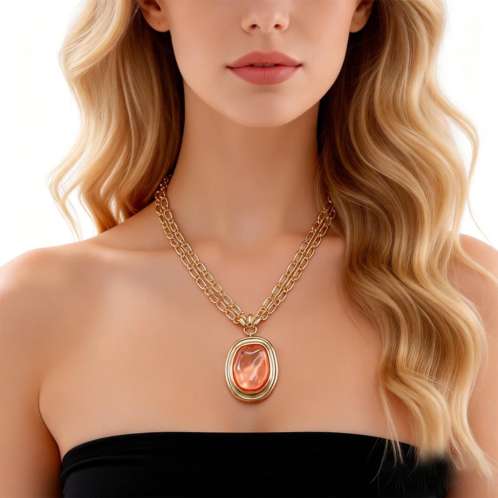 Peach Stone Layered Gold Chain Necklace (Modern Minimalist) Statement Jewelry Perfect For Brunch Date Stylish Outfits That Blend