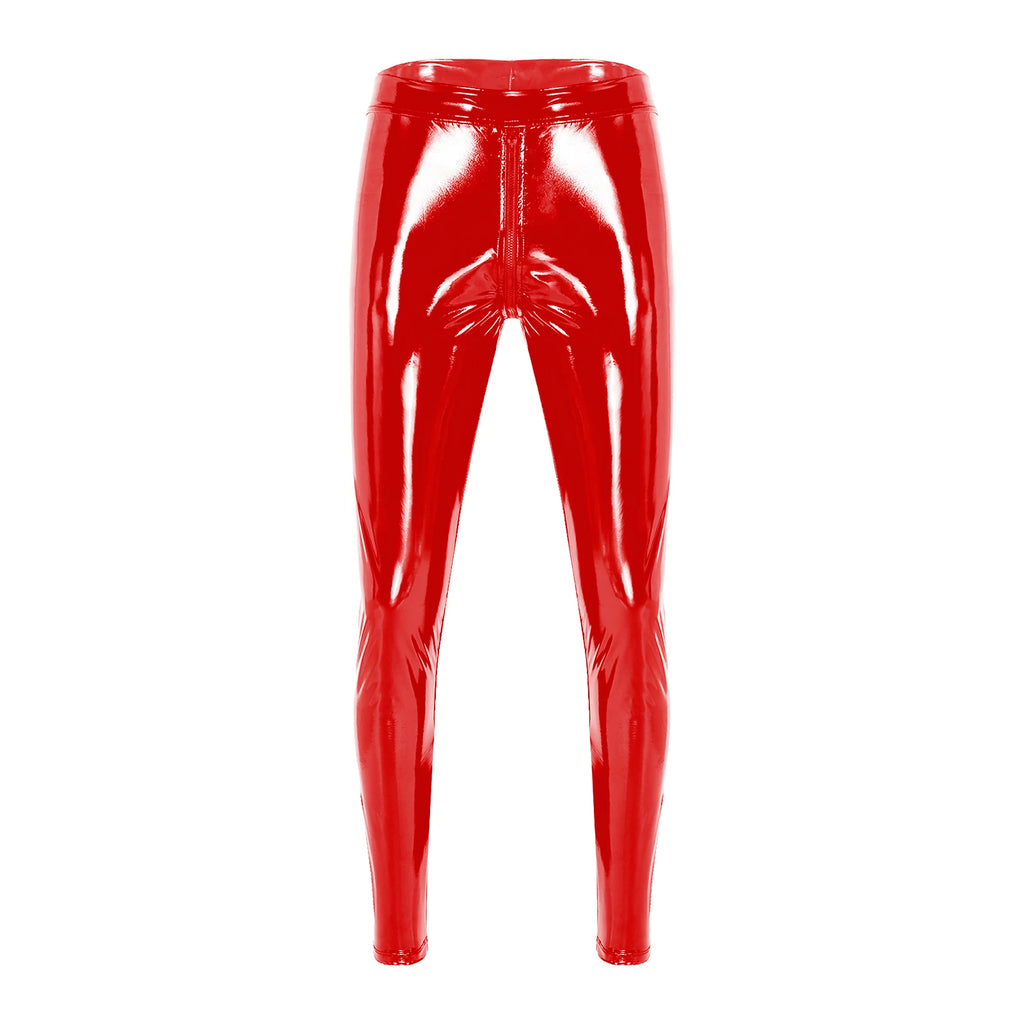 Men Latex Leather Pants Low Waist Faux Leather Shiny Pants Fashion Tight Trousers for Club Stage Show Rock Band Performance