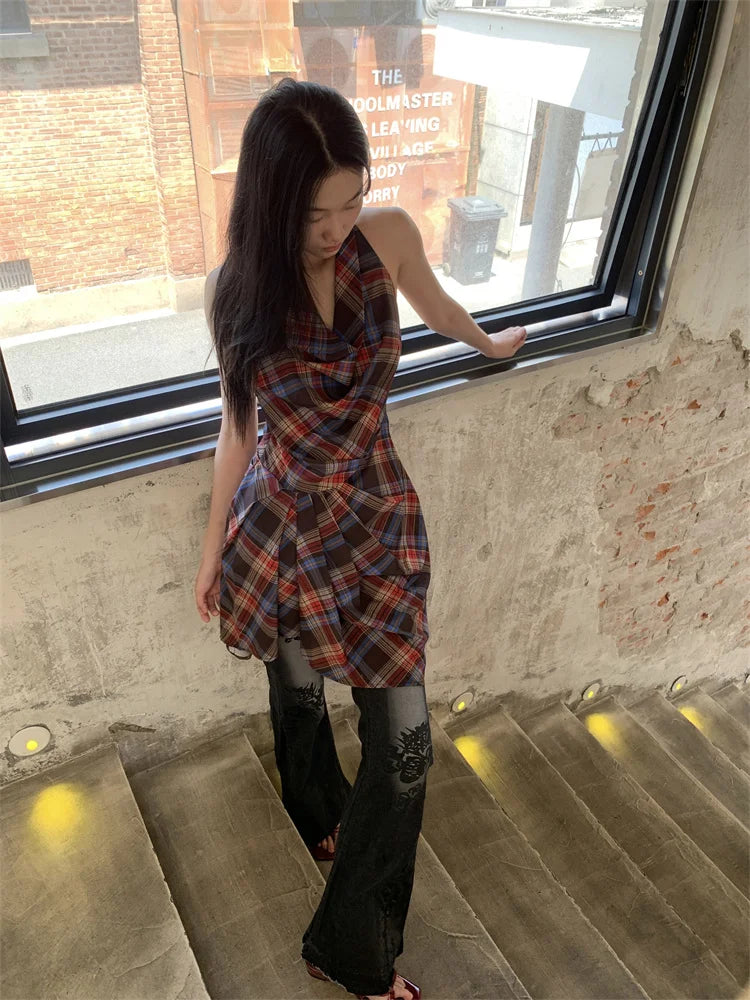 CHEERART Cowls Backless Plaid Summer Halter Dress Women 2025 Designer Vintage Sleeveless Ruched Mini Dress Clothes