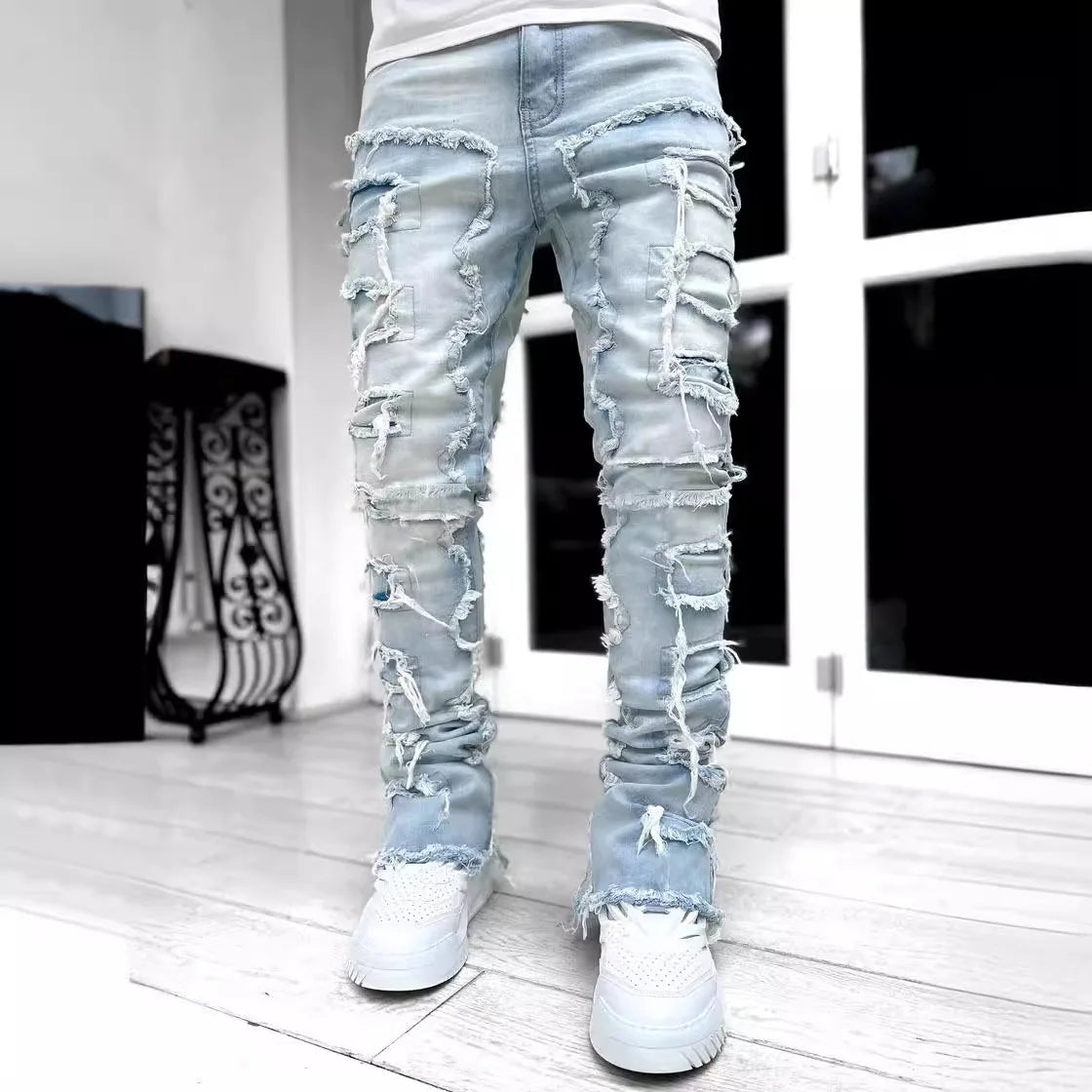 2026 New Men's Denim Straight-Leg Pants, European and American Street Fashion Ins Stretch Patch Denim Straight-Leg Pants