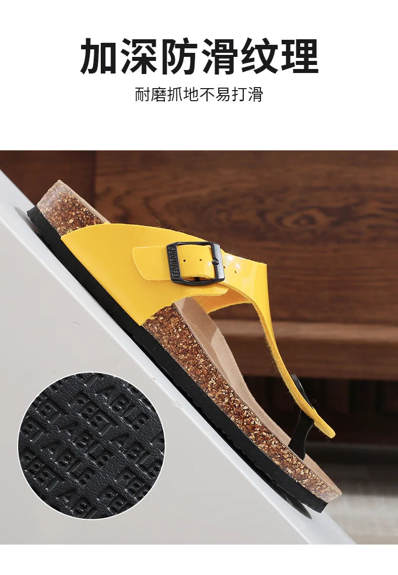 New Cork Sandals for Women Open Toe Beach Slippers with Adjustable Buckle Women Flats Leather Cork Footbed Flip Flops