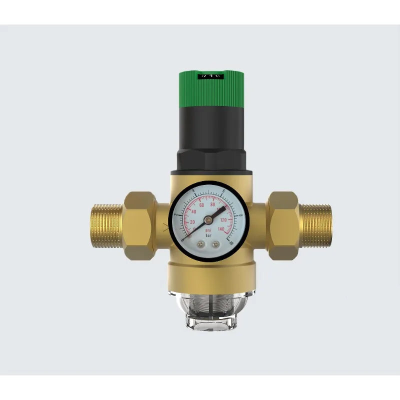 Brass Water Pressure Reducer Valve with Gauge Filter, Double Union Thread Water Stabilizer for Domestic Plumbing Pipeline