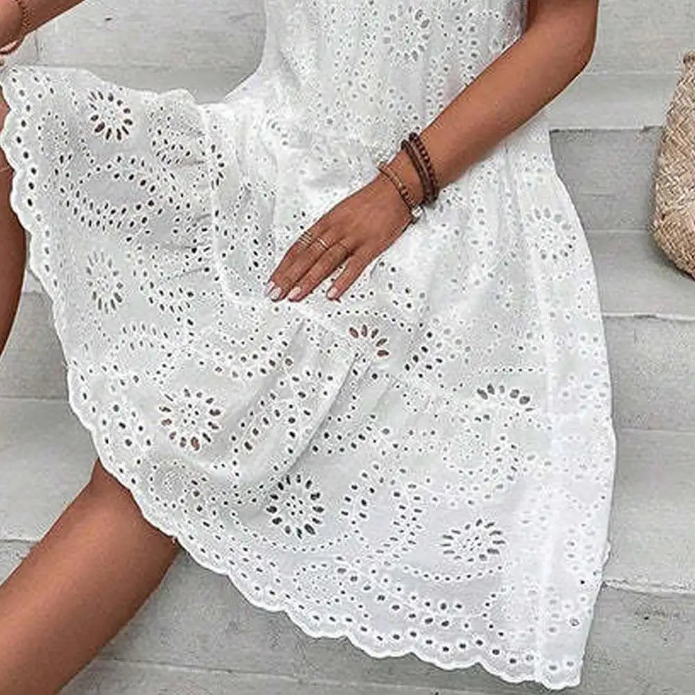Summer Women Dress Hollow Out O Neck Short Sleeves A-line Pleated Solid Color Big Swing Embroidery Vacation Beach Midi Dress