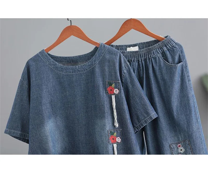 Women Denim Set Female Jeans Two Piece Set 2025 New Spring Summer Thin Korean Loose Cowboy Pants 2 Piece Set Large Size 2PCS
