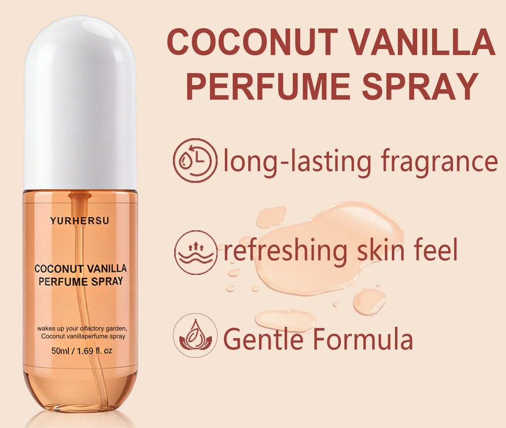 Vanilla Coconut Perfume Spray For Women Long Lasting Gourmand Fragrance Mist Unisex Body Spray Deodorant 50ml
