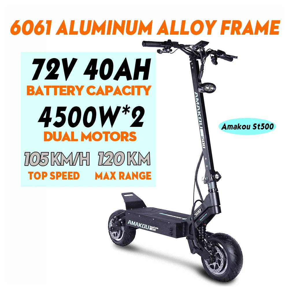 Amakou 11-inch 9000w 72v 40ah 105km/h 120km Range Alloy Frame TFT LCD Screen Dual Motors Powerful Electric Scooter For Adults