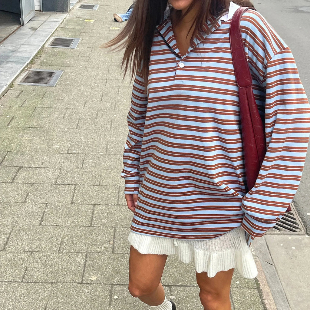 New Fashion Women T-Shirt Long Sleeve Turn Down Collar Stripes Fall Tops Streetwear For Casual Daily Hot Sale S M L