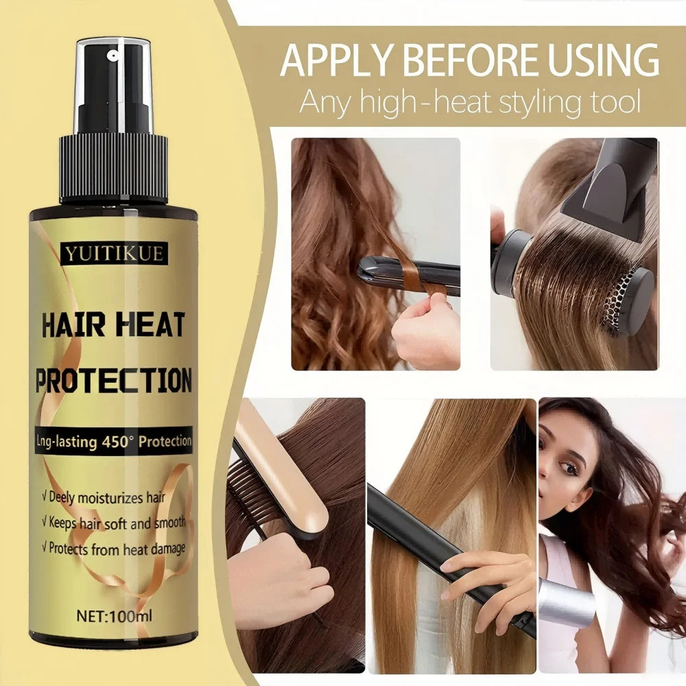 YUITIKUE Hair Heat Protection Spray 100ml - 450°F Shield, Repairs Damage, Deep Moisturizes & Smooths Hair