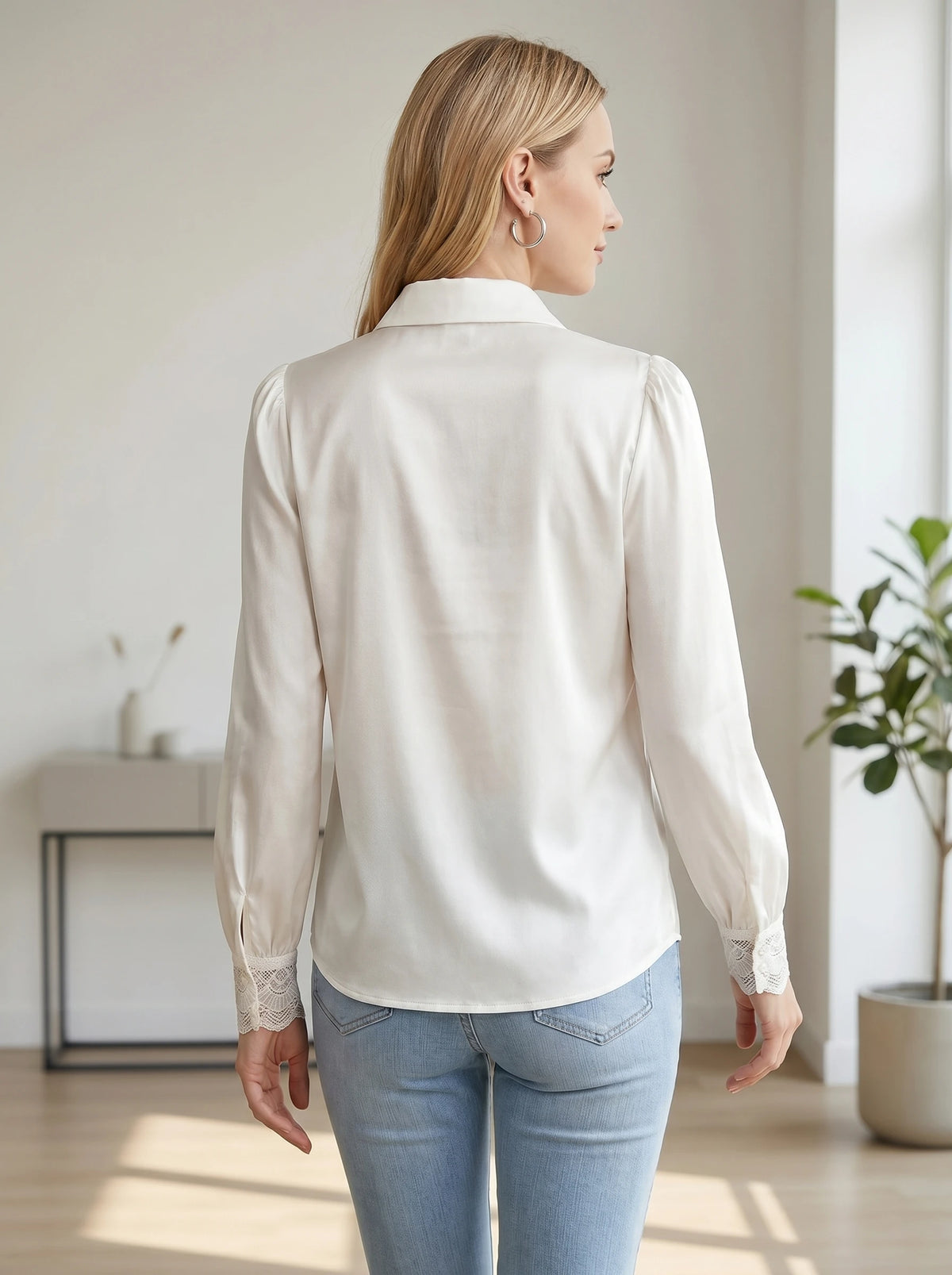 Gadinus Plus Size Women’s Satin Lace Trim Button-Up Blouse Elegant Long Sleeve Puff Cuff Shirt Regular Fit Office Chic Top