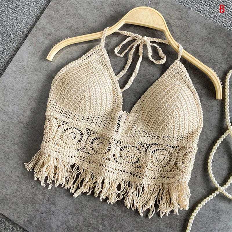 Sexy Boho Beach Vacation Camisole Women's Crochet Swimsuit Bra Halter Tank Top Hollow Fringe Cropped Tops Halter Neck Camisole