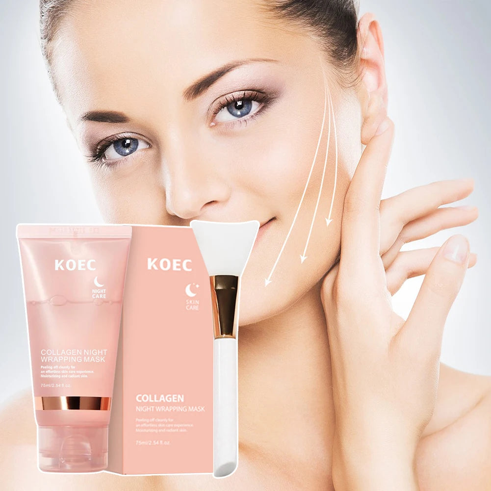 75ml Collagen Sleeping Mask,Collagen Overnight Wrapping Peel Off Facial Mask Deep Nourishing Refines Pores Mask With Brush