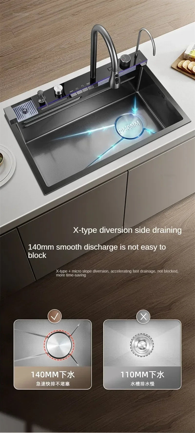 304 Stainless Steel Kitchen Sinks Large Single Bowl Nano Embossed Wash Basin Digital Display Modern Home Station
