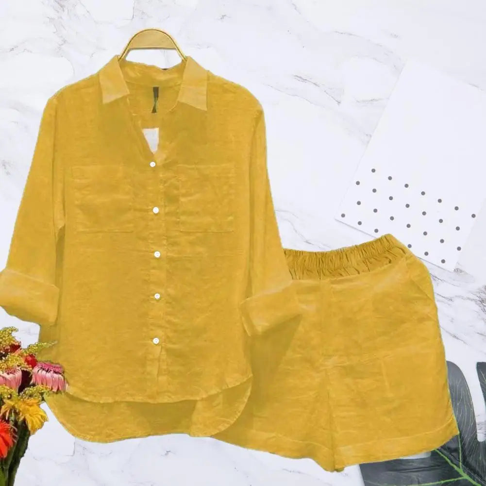 2 Pcs/Set Women Shirt Shorts Set Solid Color Loose Long Sleeves Elastic Waist Single-breasted Patch Pockets Irregular Hem Lapel