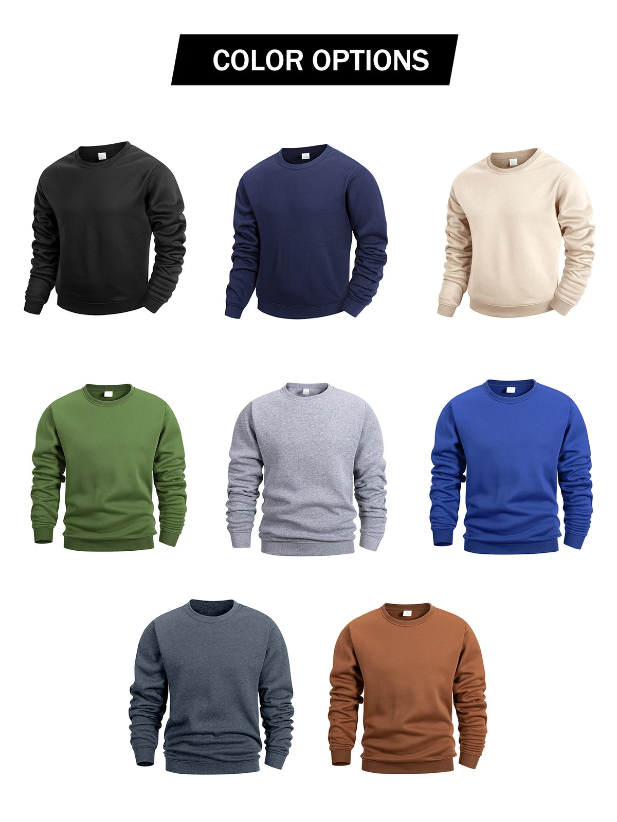 Men Solid Plain Crew Neck Sweatshirt Classic Rib Round Collar Cuffs & Hem Reinforced Waffle Stitching Soft Lightweight Wrinkle
