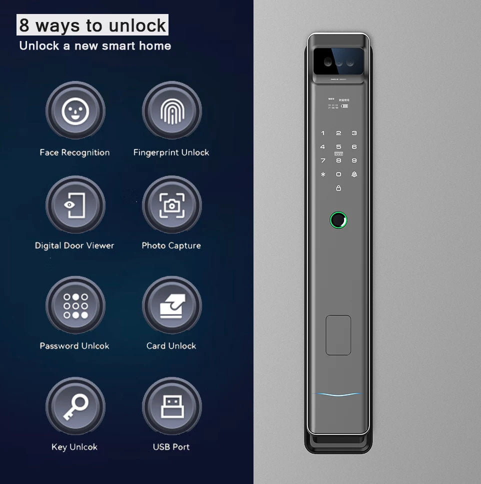 Tuya WiFi High Quality Aluminum Smart Lock Fingerprint Face Recognition Full-Automatic Door Lock With Memory Card For Steel Door