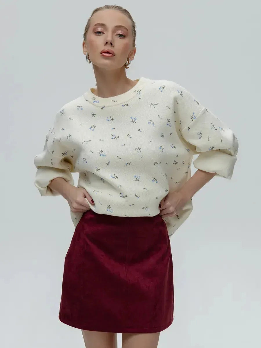 Women's Cream White Floral Print Longline Knit Sweater Crew Neck Relaxed Fit Cardigan with Flowers Fall Winter Boho Chic