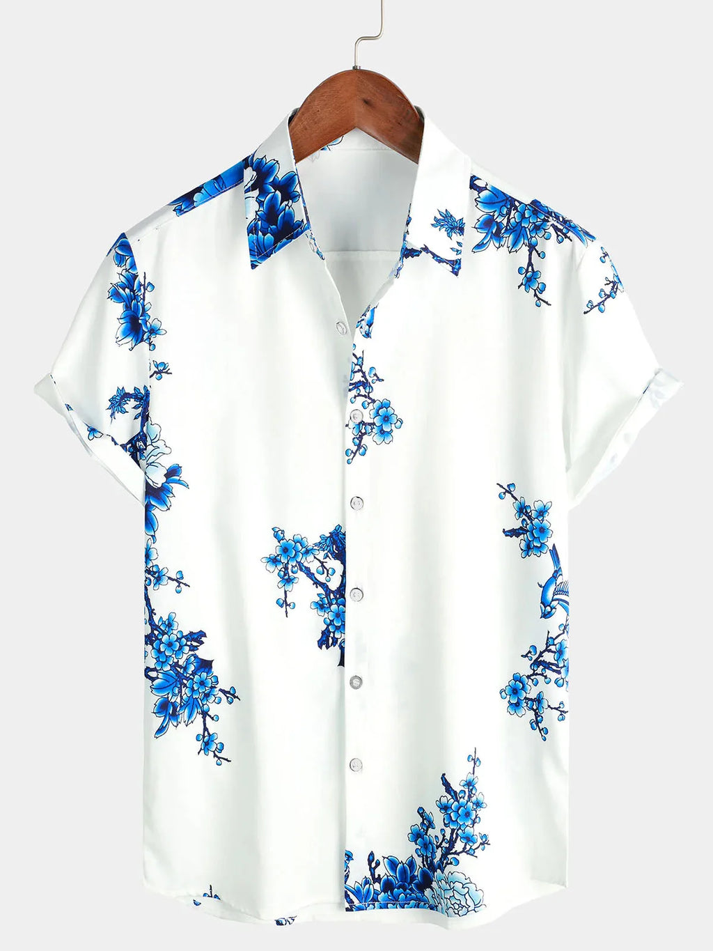 Men's Blue Floral Print Hawaiian Button Down Summer Beach Casual Collar Short Sleeve Shirt Ropa Casual Para Hombres