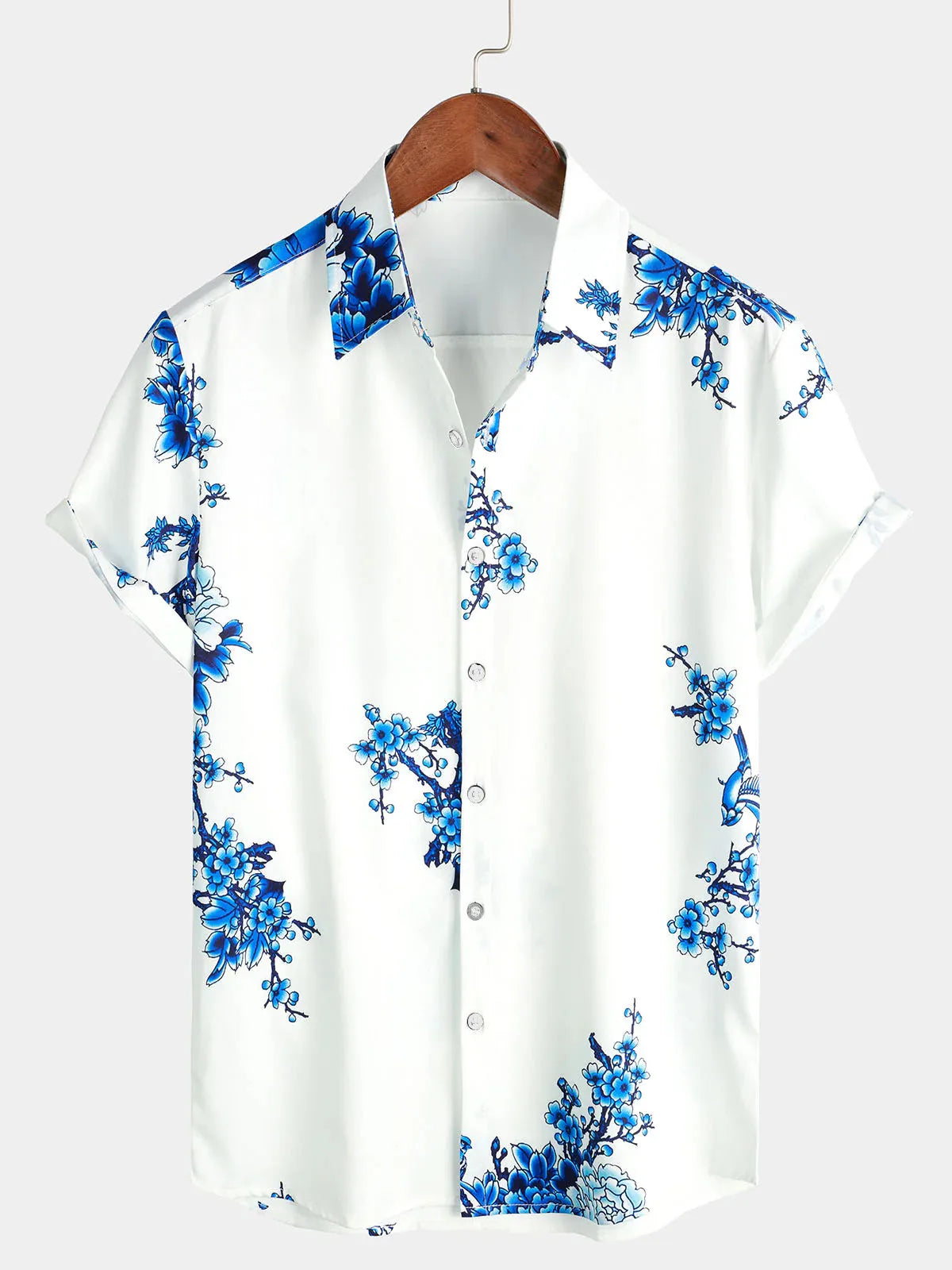 Men's Blue Floral Print Hawaiian Button Down Summer Beach Casual Collar Short Sleeve Shirt Ropa Casual Para Hombres