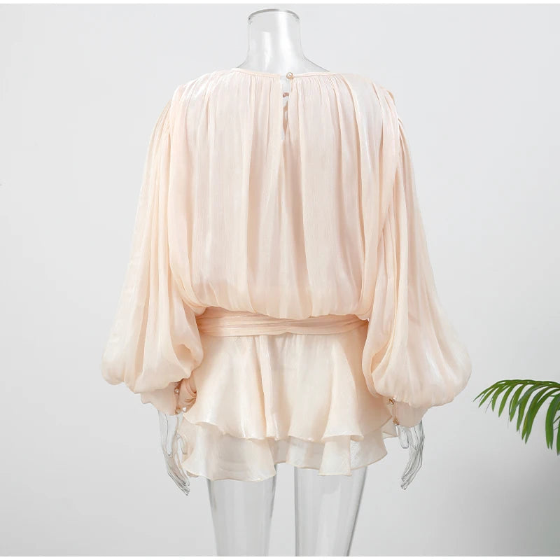 Female Fashion Long Flare Sleeves Lace Up Mini Dress Elegant Chiffon Ruffle High Waist Vestidos New 2025 Autumn Woman Party Wear
