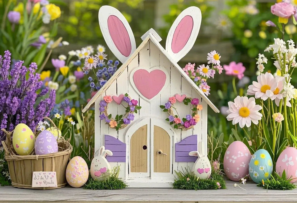 Happy Easter Day Photography Background Blue Wood Board Easter Egg Spring Flower Rabbit Kid Birthday Portrait Photocall Backdrop