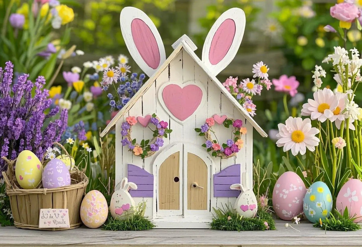 Happy Easter Day Photography Background Blue Wood Board Easter Egg Spring Flower Rabbit Kid Birthday Portrait Photocall Backdrop