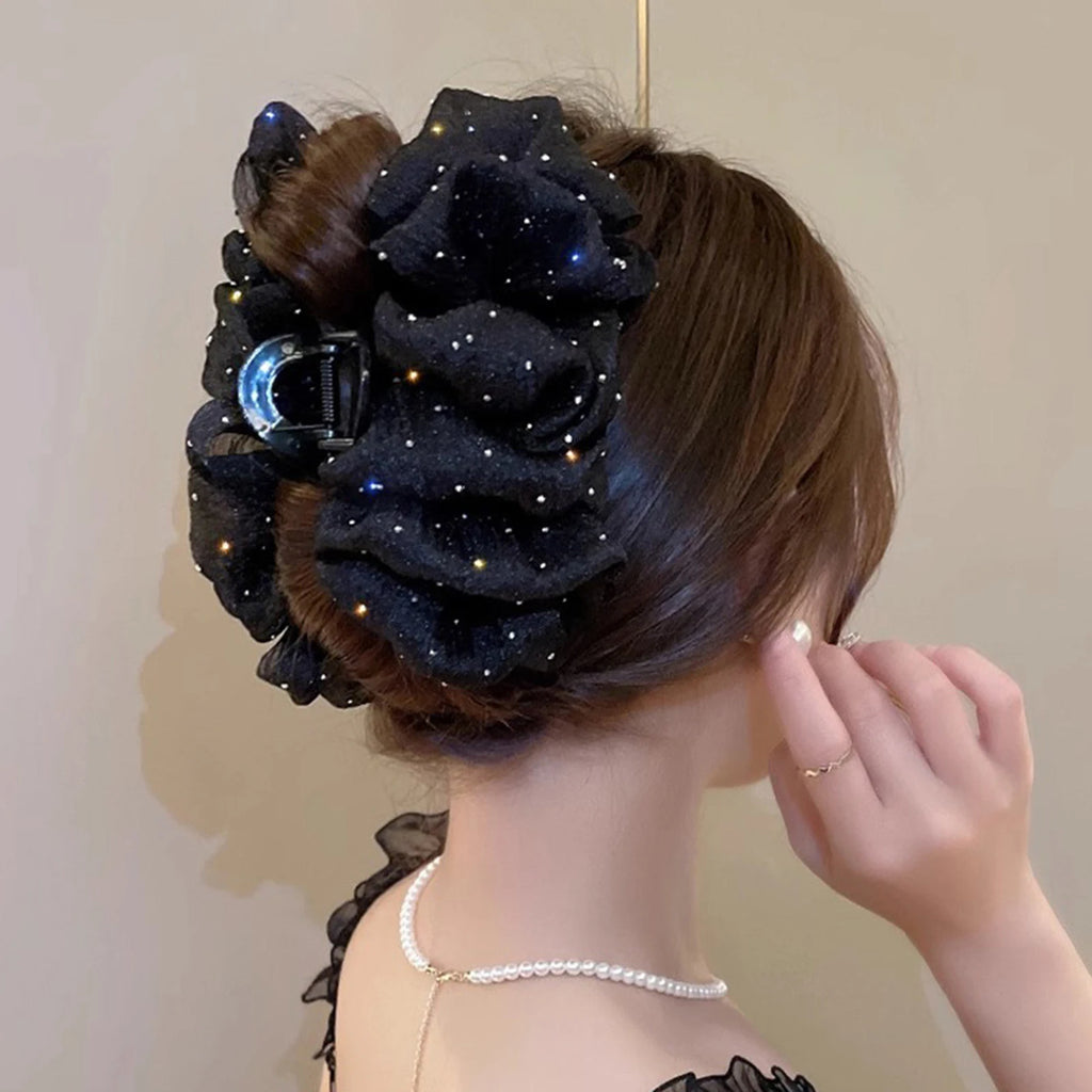 Glitter Rhinestones Hair Claw Clip Double Sided Mesh Bow Hair Clip Creative Large Shark Clip For Women Hair Styling Decorative