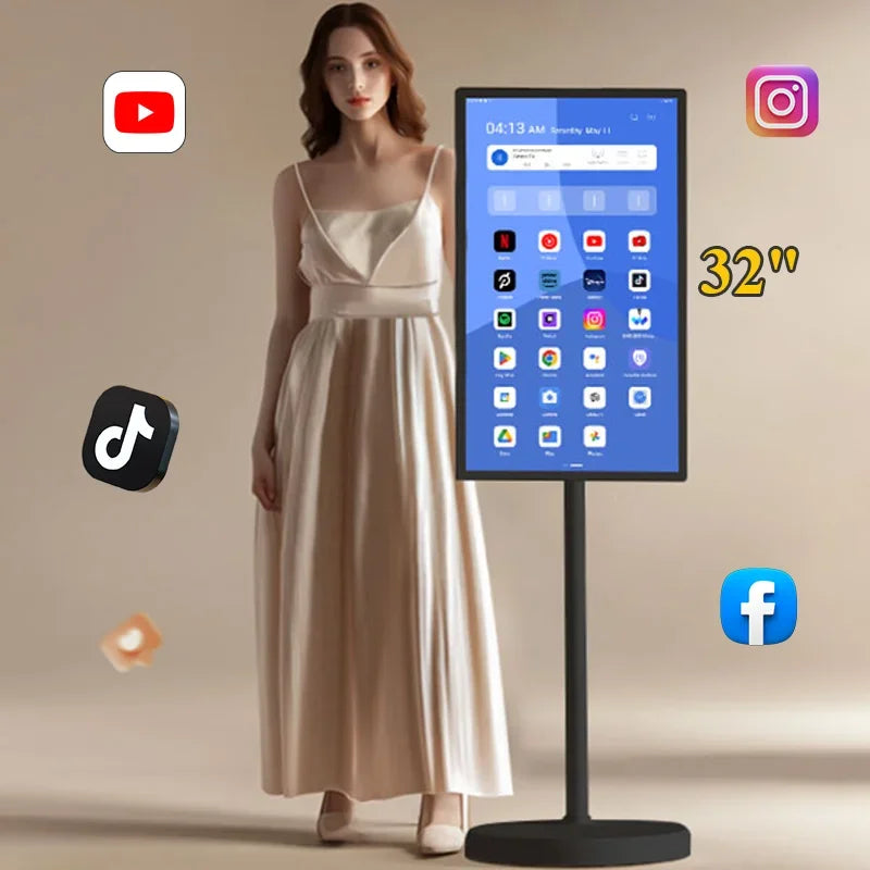32 Inch Portable Smart TV Rotation Touch Screen Portable Android Camera  Display Tablet PC Stand Wheels Television Rechargeable
