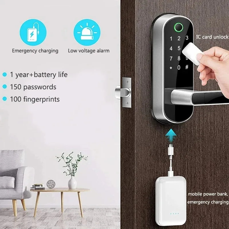 Tuya Smart Fingerprint Door Lock App Remote Control Keyless WIFI Digital Touchscreen Lock NFC with 2 IC Cards IP68 Waterproof