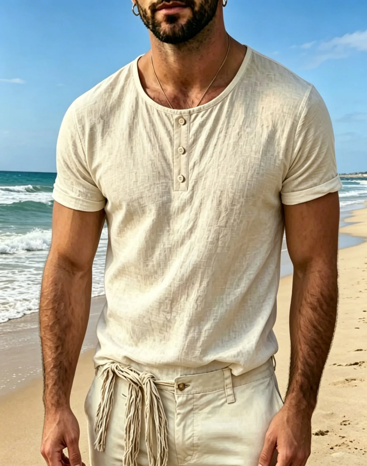 Men's Henley Neck Short Sleeve Shirt Lightweight Breathable Cotton Linen Blend Casual Beach Summer Top