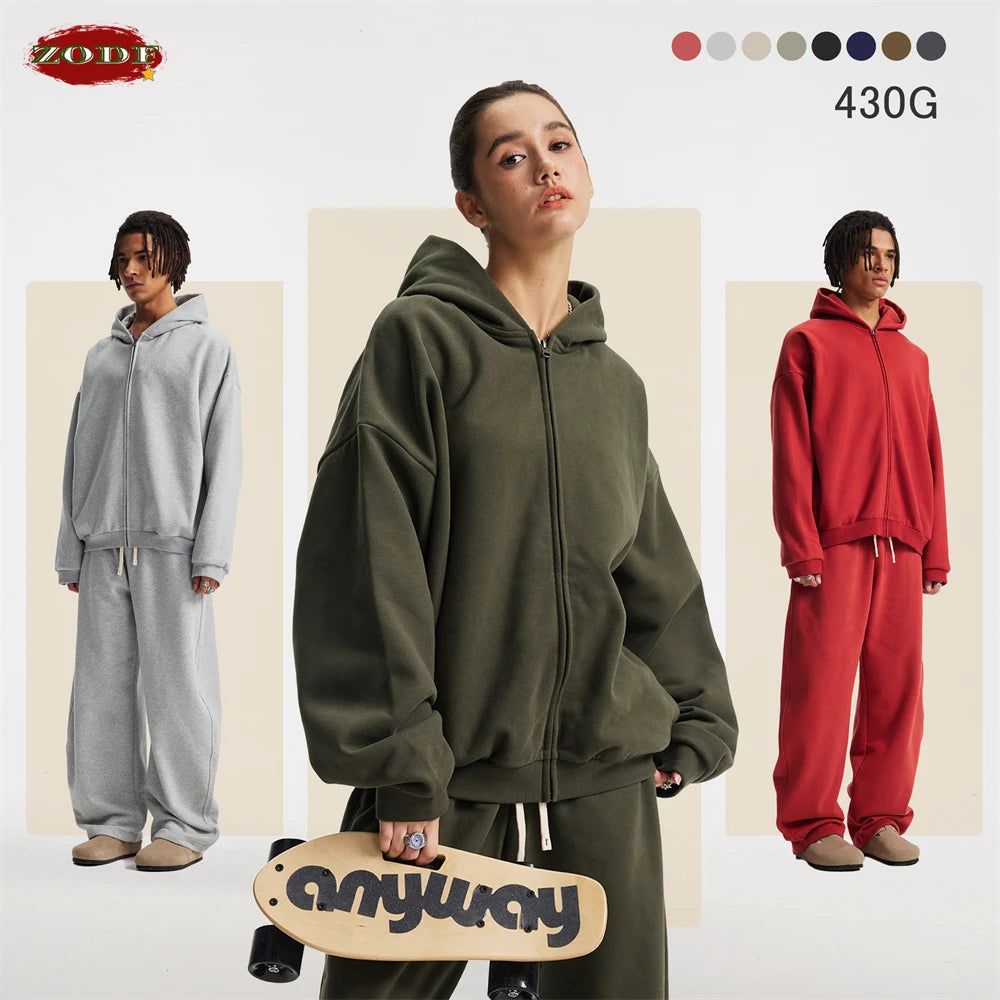 ZODF Trendy Winter Man Warm 430gsm Fleece Zipper Hoodies Unisex Solid Loose Zip-Up Hooded Coats Brand Outfit HY1130