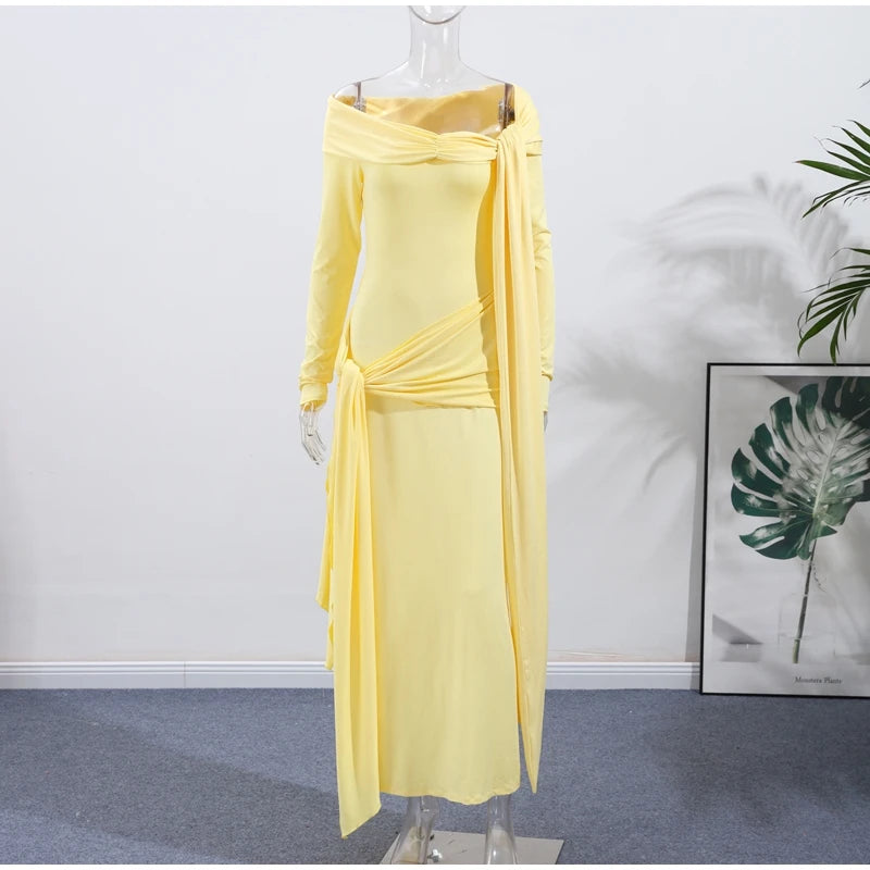 Yellow Pleated Off-shoulder Ribbon Dress Women's Sexy Lace Up Full Sleeve Bodycon Dresses 2025 Autumn New Elegant Party Vestidos
