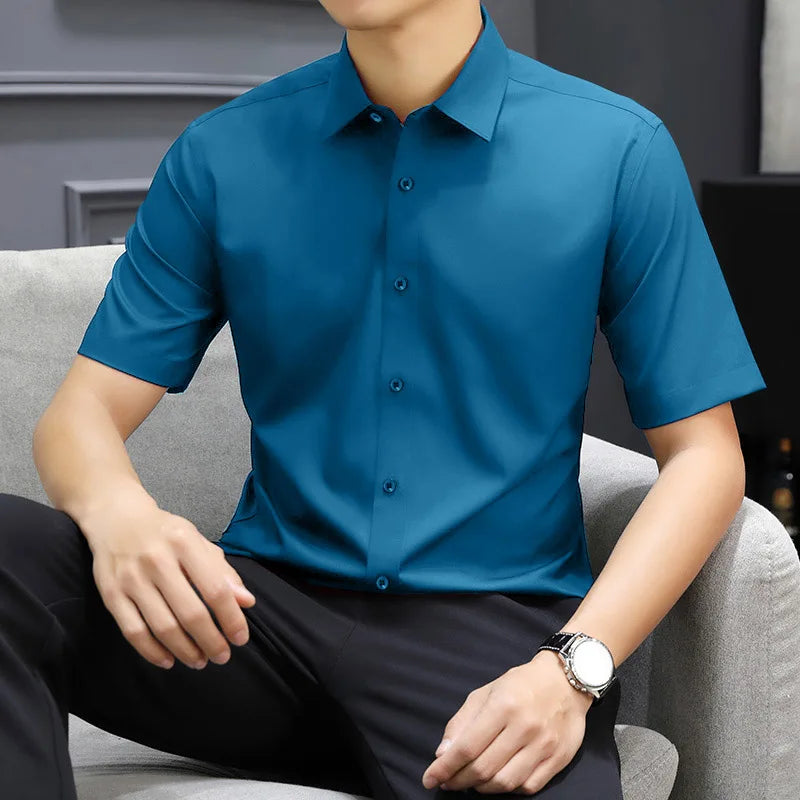 Casual Light Blue Short Sleeve Button Up Shirt for Men Versatile Collared Dress Shirt for Spring & Summer