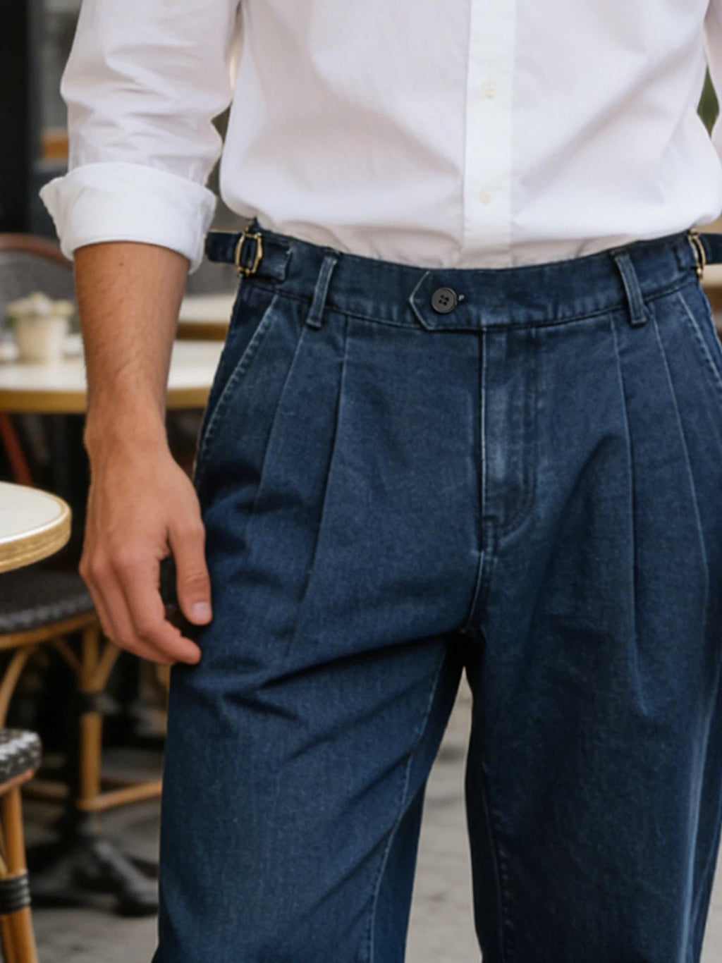 026 Spring Summer Men's Denim Look Woven Trousers, Neapolitan Double Pleat  High Waist Straight Leg Business Dress Pants