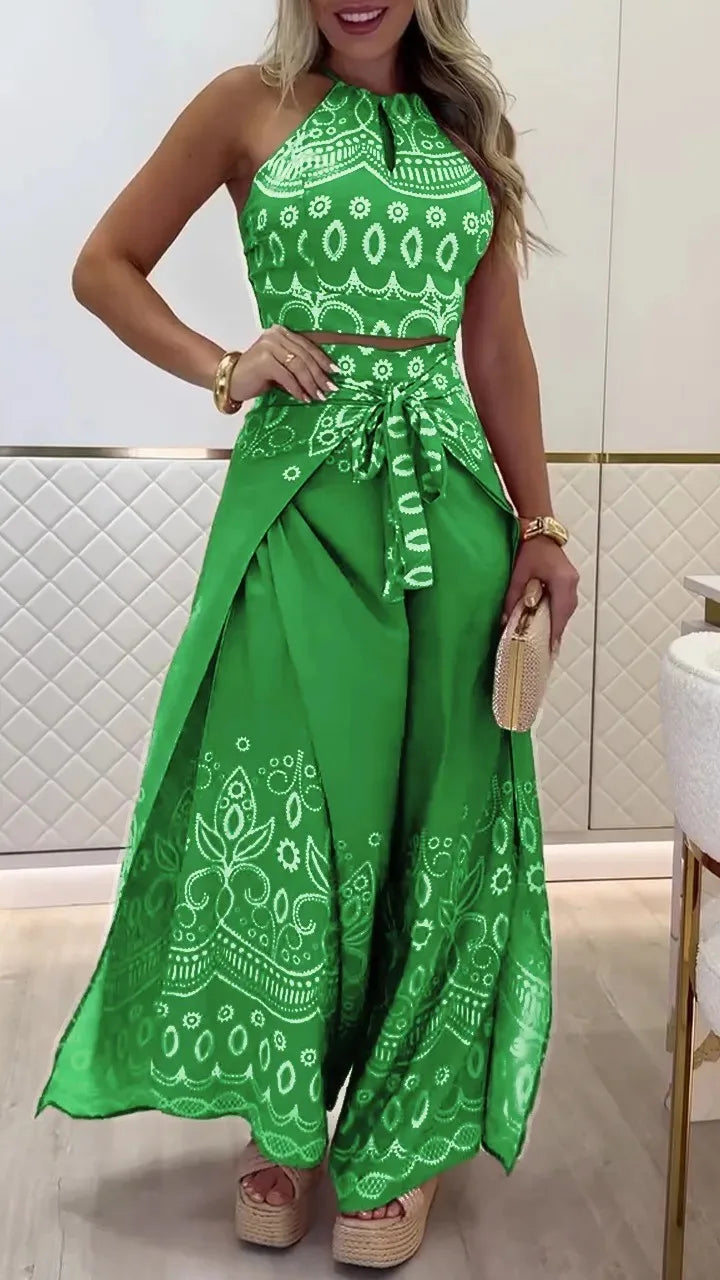 Women's Printed Sleeveless Top And Wide Leg Pants Two Piece Set Slimming Comfort Versatile Vacation Commute Ethnic Style Outfit