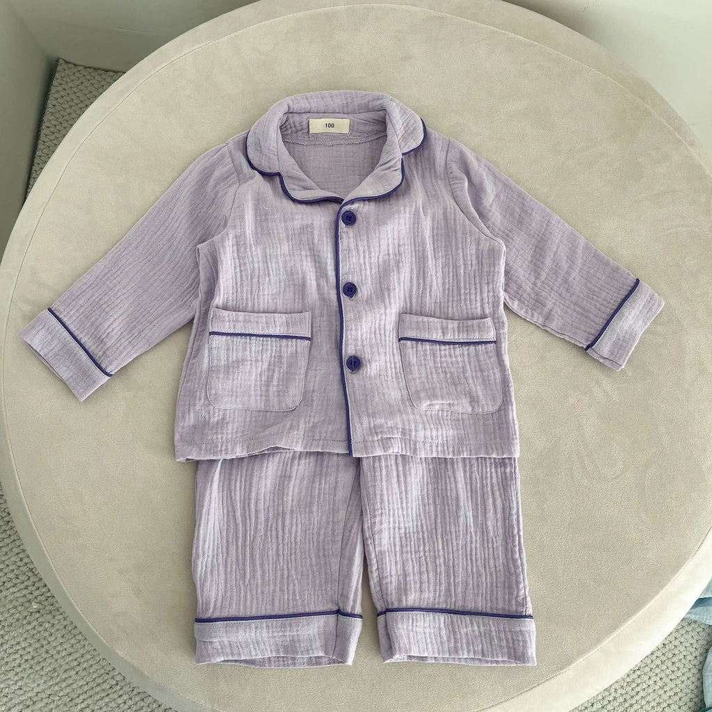 2026 New Children's Cotton Pajamas Set Soft Loose Boys Girls Clothing Turn-down Collar Button Shirt Trousers 2 Pcs Suit Pijamas