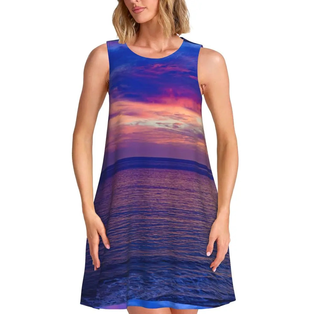 Ocean Sunset Casual Dress Palm Tree Print Sleeveless Elegant Dresses Ladies O Neck Simple Dress Day Print Clothing Birthday Gift