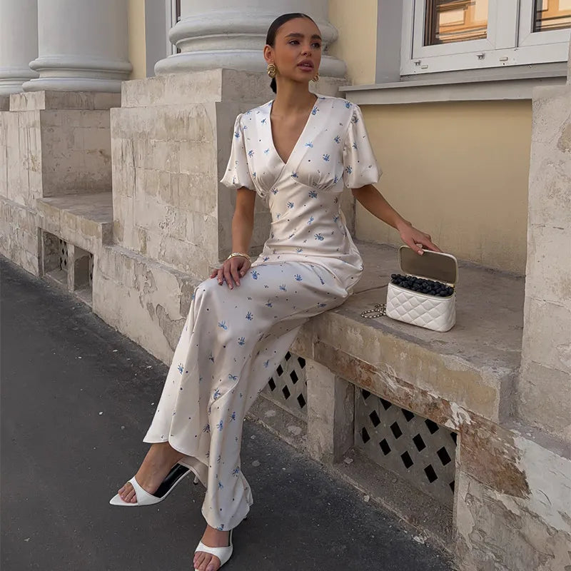 Casual Print Long Slim Dress Women Short Puff Sleeve Closed Waist V-neck Dresses Female 2026 Summer Autumn Lady Robes Chic