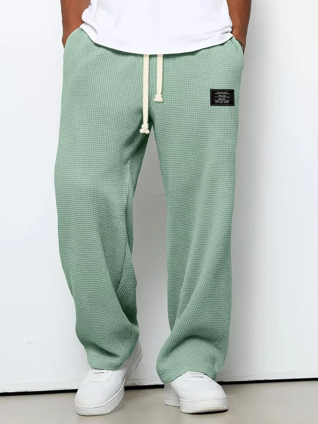Men's Spring-Autumn Trendy Brand Loose-Fitting Stretchy Straight-Leg Sweatpants. Waffle Fabric. Micro-Bouncy Sporty Casual Pants