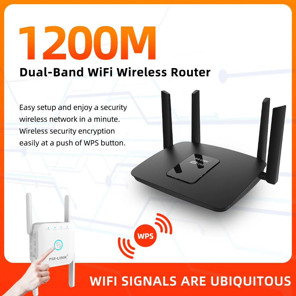 PIXLINK Wireless Router 1200Mbps Dual Band WiFi Repeater Signal Amplifier with 4 Gigabit Ports Smart Tech 5GSIM Penetration AC22