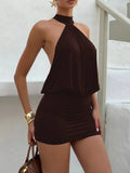 Women's Solid Color Spaghetti Strap Mini Dress, Sleeveless Halter Neck Backless Evening Gown, Summer Bodycon Party Dress