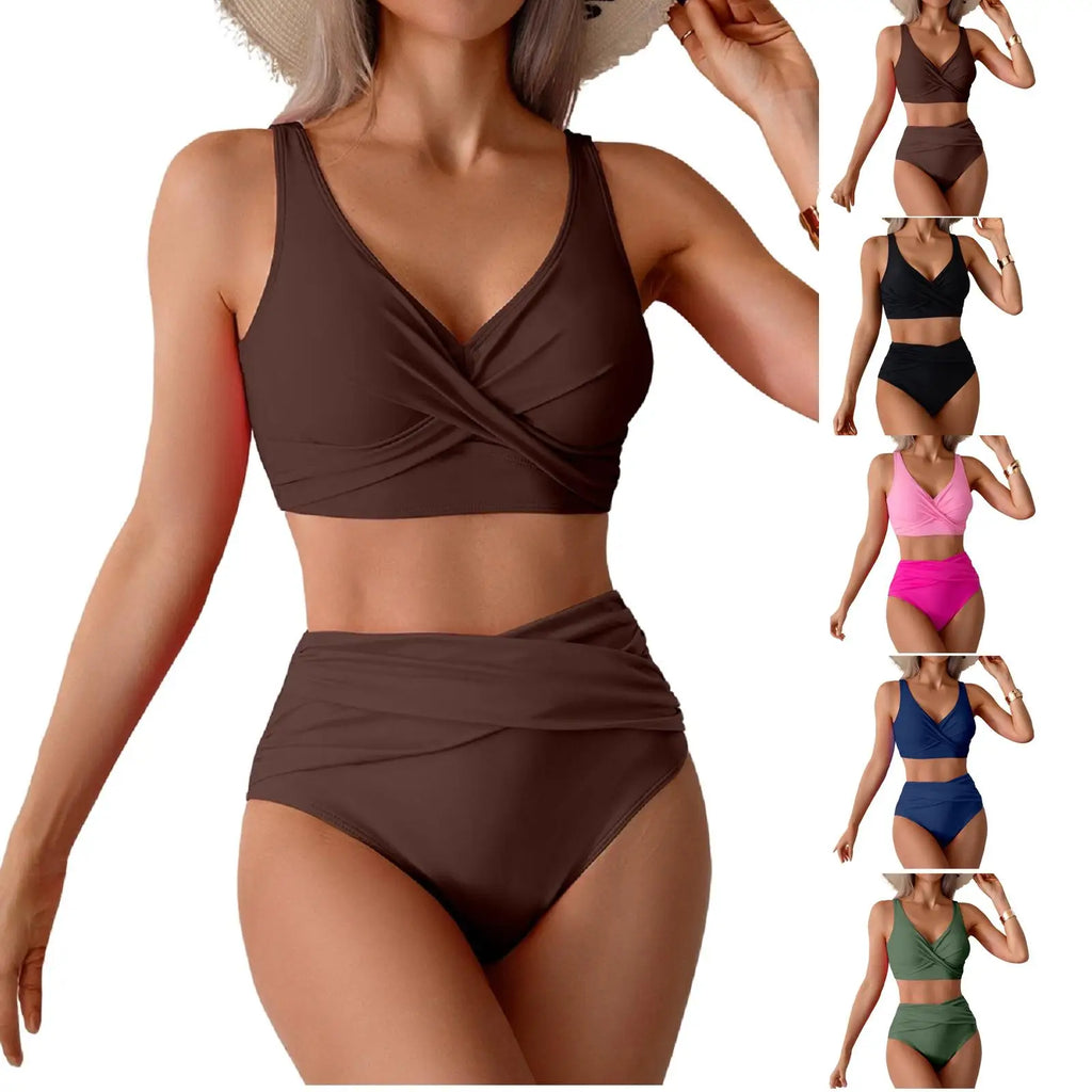 Women Sexy Bikini Summer Twist Front Ruched High Waisted Two Piece Beach Slimming Vacation Swimwear Bathing Suit