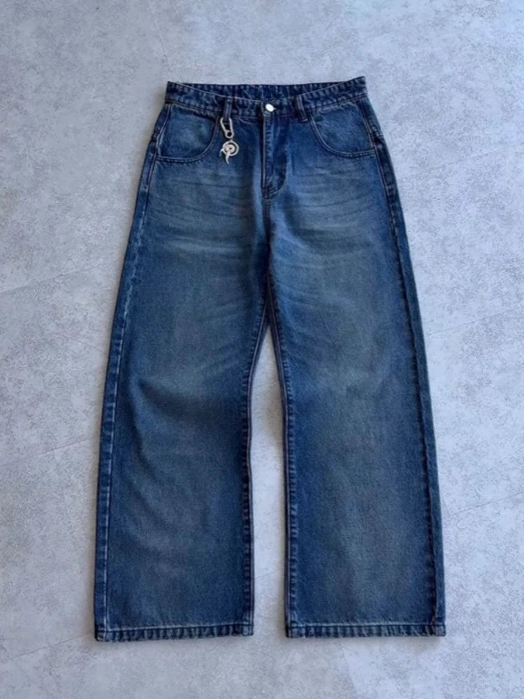 Mens Jeans Embroidery Goldfish Tiger Washed Denim Pants Harajuku Unisex Loose Fit Straight Leg Dark Blue Casual Streetwear New