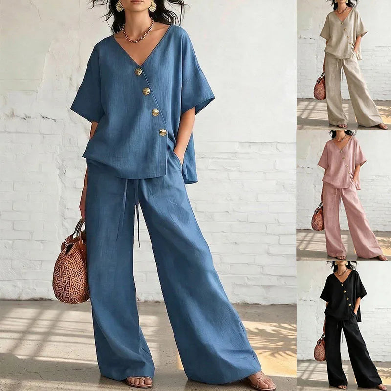 Casual Cotton Loose Pants Sets Women Summer 2026 Fashion Short Sleeve V-neck Tops And Wide Leg Pant 2 Piece Set Woman Outfits