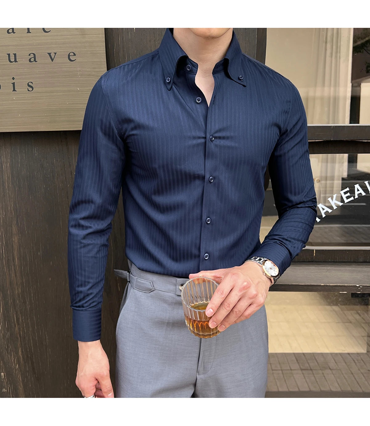 High-quality autumn men's new long-sleeve dark striped slim-fit shirt business casual formal workwear M-4XL