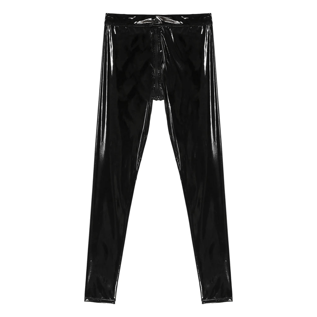 Men Latex Leather Pants Low Waist Faux Leather Shiny Pants Fashion Tight Trousers for Club Stage Show Rock Band Performance