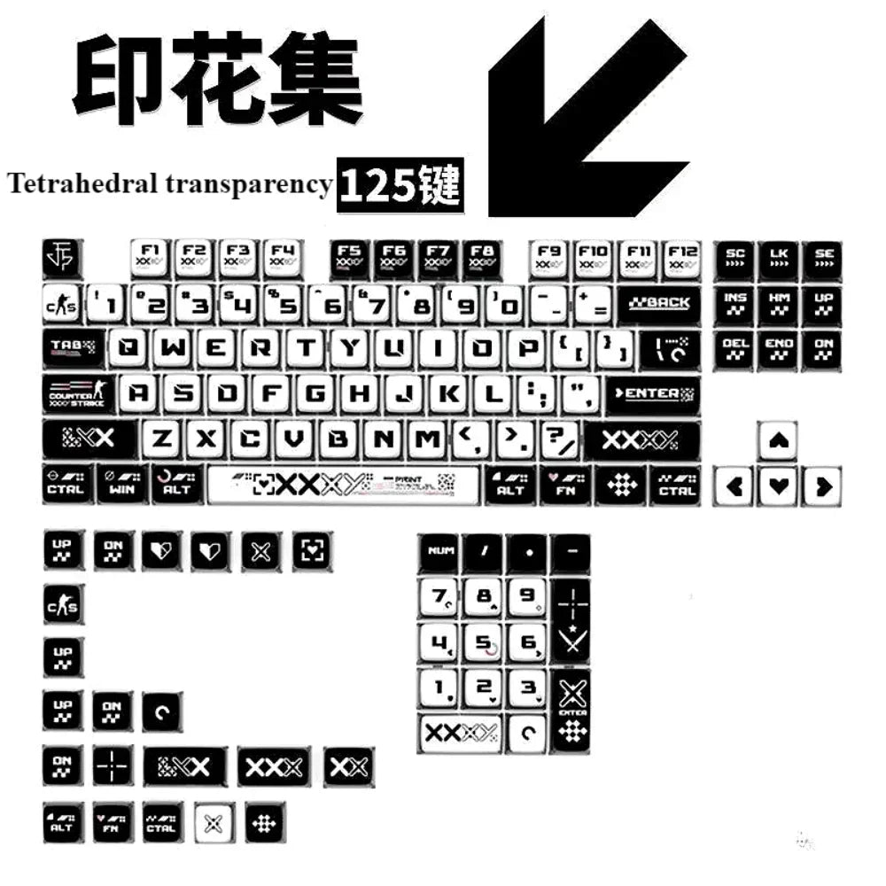 CSGO Print Set Four Side Transparent SAX Pudding Key Cap PC 125 Key for 60/64/84/98/108 Mechanical Keyboard