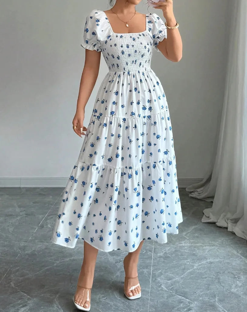 Spring and Autumn Women's Square Neck Short Sleeve Long Skirt Fresh Printed Casual Fashion Slight Backless Temperament Dress